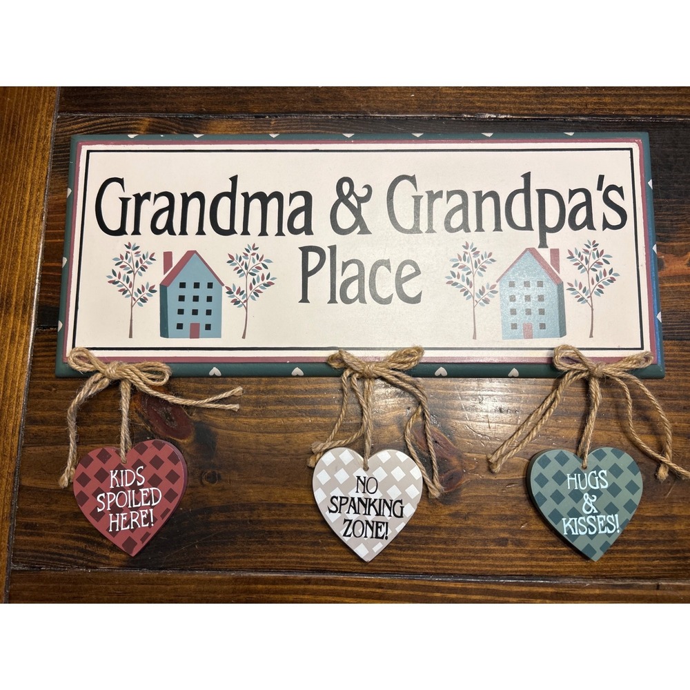 Grandma & Grandpa's Place Wooden Wall Sign Country Decor Hanging Hearts 18 Inch